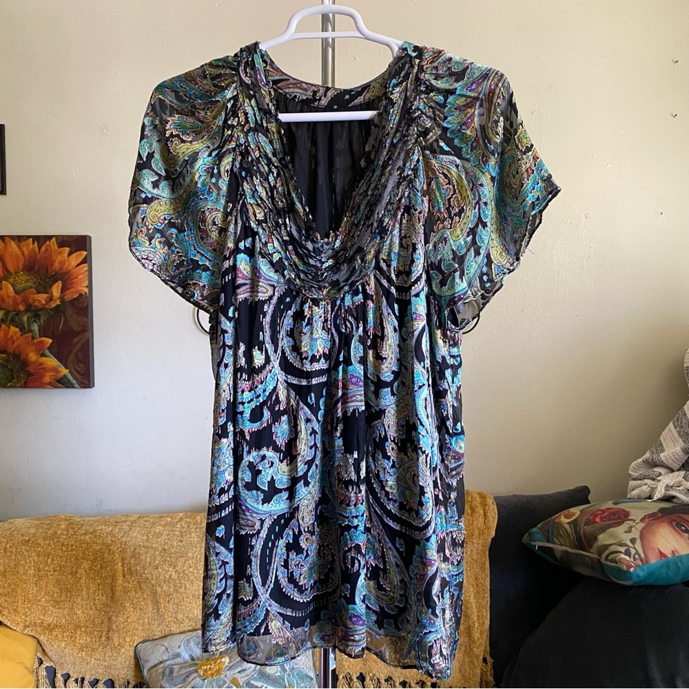 Burnout 100% Silk Baroque Paisley V Neck Popover Plus Size 3X